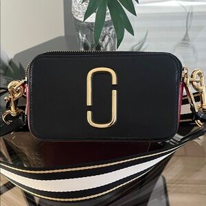 Marc Jacobs Black Crossbody Camera Bag with Gold Hardware and Red Accents